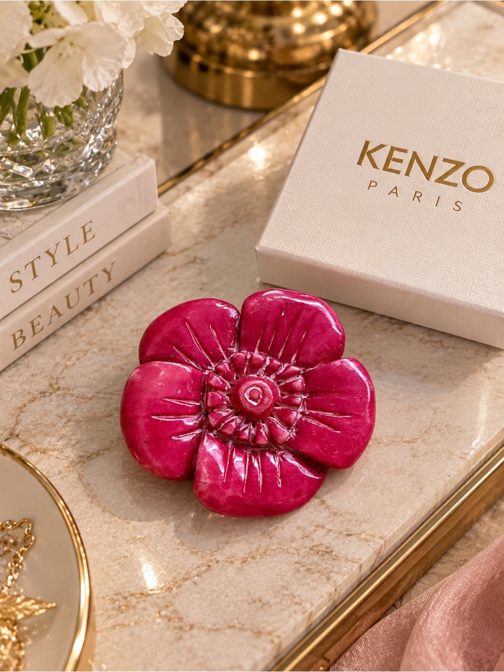 Vintage KENZO Paris Pink Resin Flower Brooch Gold Tone Signed